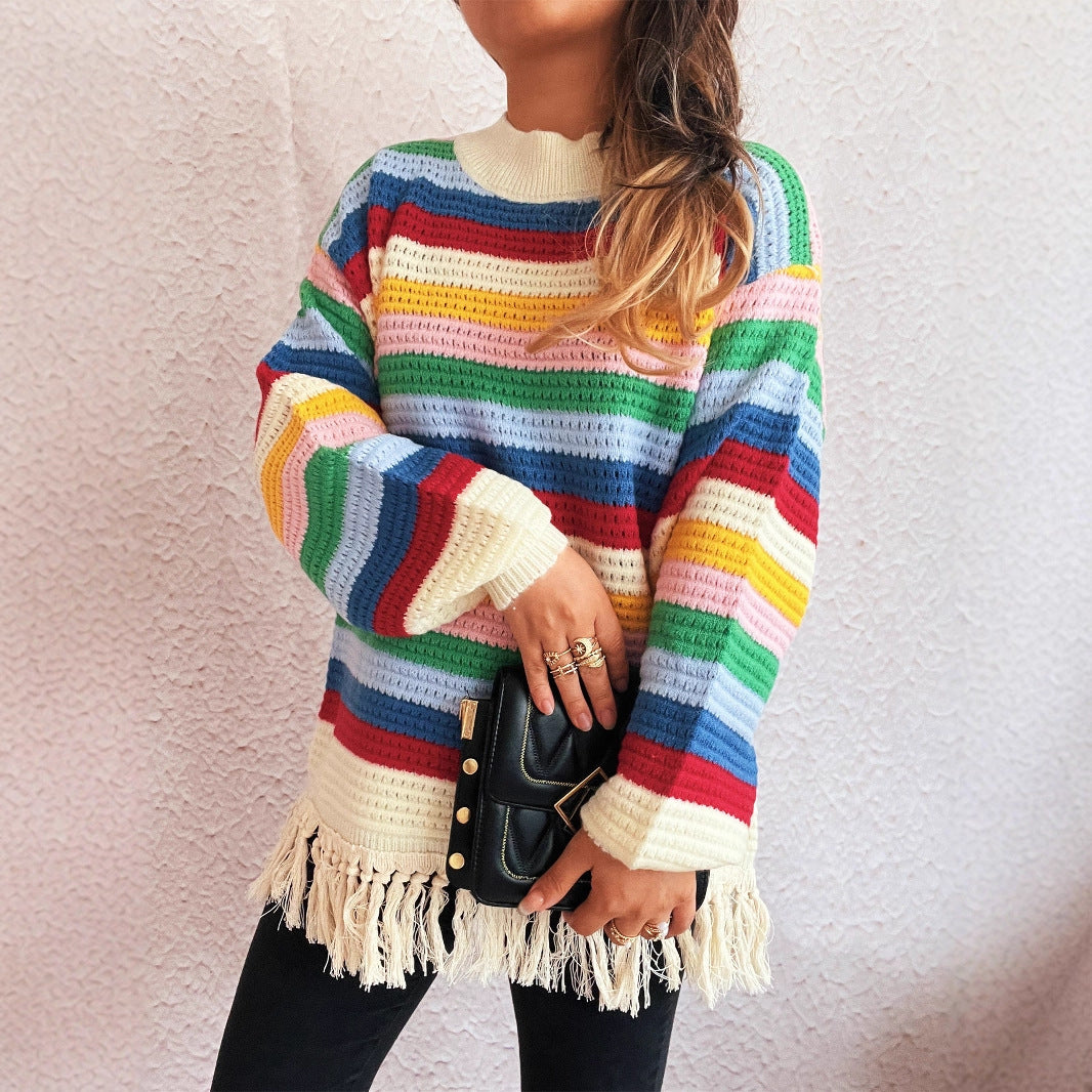 Damen entzückender Pullover mit Fransen und buntem Streifenmuster EB   