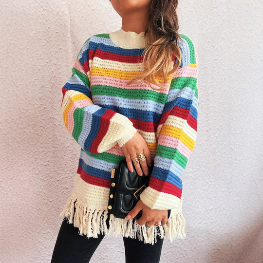 Damen entzückender Pullover mit Fransen und buntem Streifenmuster EB   