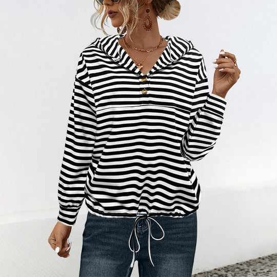 Damen lässiger Kapuzenpullover mit Streifenmuster und verstellbarem Tunnelzug EB