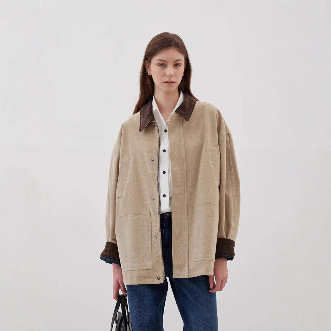 Damen Übergroße Baumwolljacke mit kontrastierendem Kragen EB