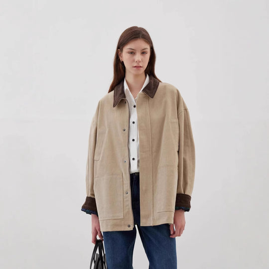 Damen Übergroße Baumwolljacke mit kontrastierendem Kragen EB