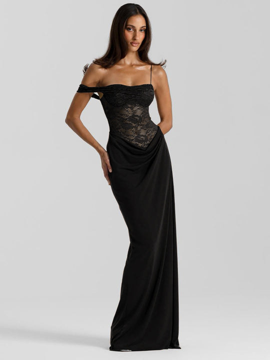 Damen Elegantes Cocktailkleid mit Spitzenoberteil und fließendem Rock EB