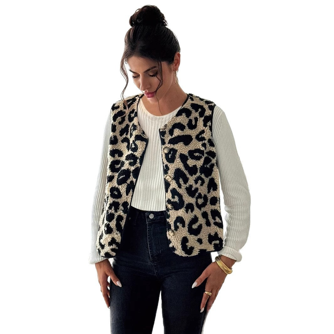 Damen Modische Plüschweste mit Leopardmuster EB