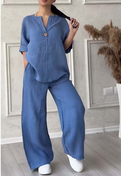 Damen nan lässiges Leinen-Relax-Set mit weiter Hose und Hemdbluse EB