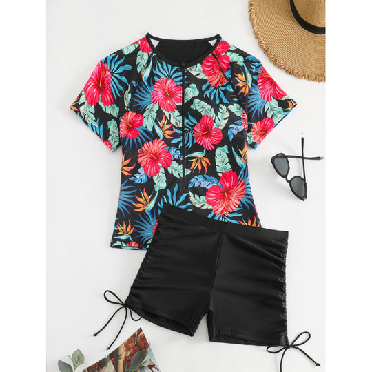 Damen Surf-Badeanzug-Set mit floralem Kurzärmel-Oberteil und komfortablen Shorts EB