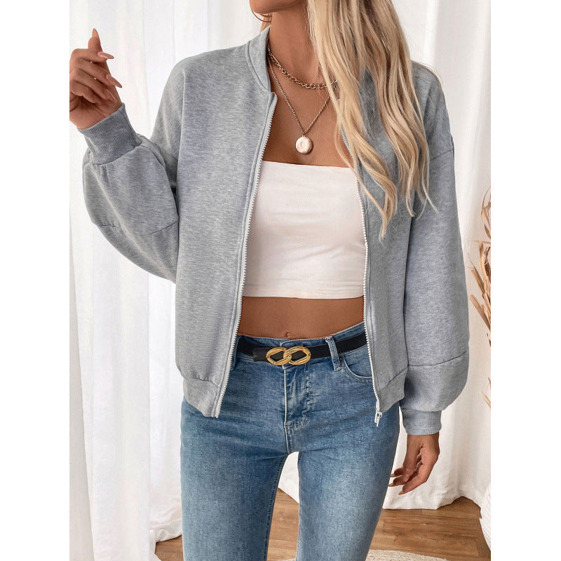 Damen sportliche Sweatjacke mit voluminösen Ärmeln und hohem Kragen EB