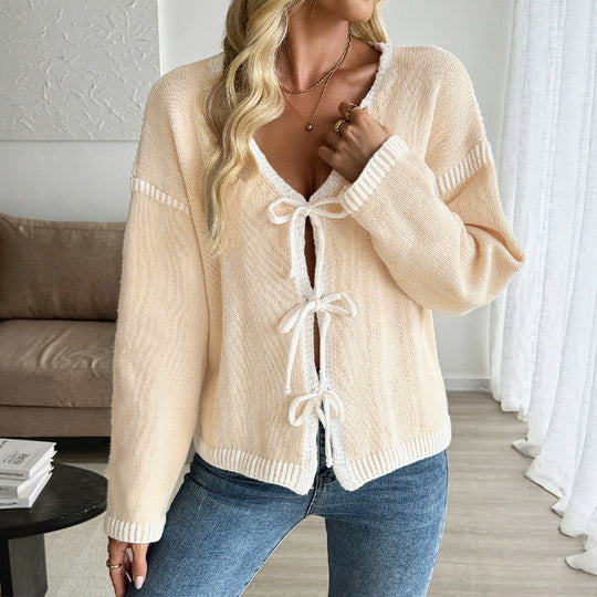 Damen Strickcardigan mit Schleifenverschluss und tiefem V-Ausschnitt EB