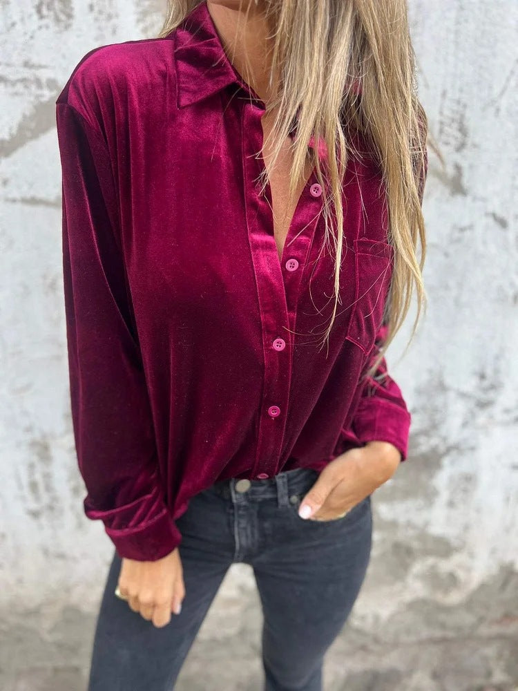 Damen Elegante Samtbluse mit klassischem Hemdkragen und langen Ärmeln EB