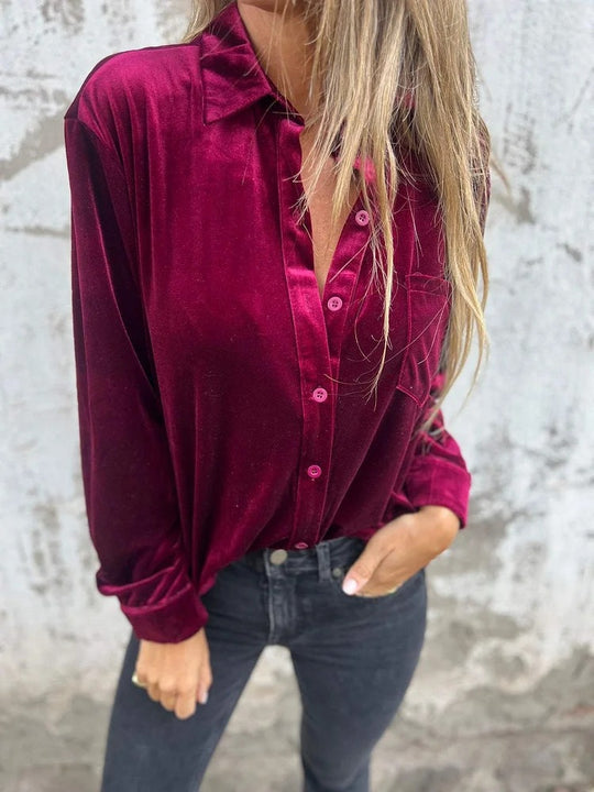 Damen Elegante Samtbluse mit klassischem Hemdkragen und langen Ärmeln EB