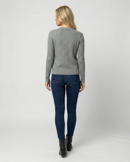 Damen klassischer Strickcardigan mit feiner Zopfstruktur Rundhalsausschnitt und schmaler Silhouette EB