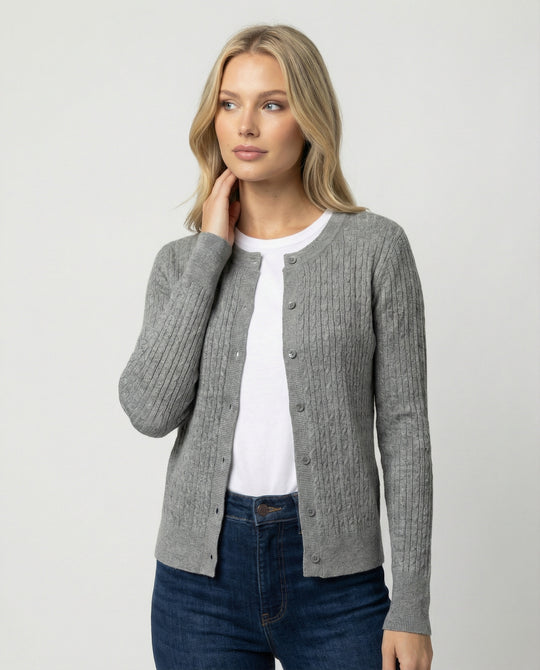 Damen klassischer Strickcardigan mit feiner Zopfstruktur Rundhalsausschnitt und schmaler Silhouette EB