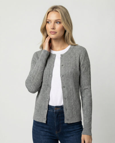 Damen klassischer Strickcardigan mit feiner Zopfstruktur Rundhalsausschnitt und schmaler Silhouette EB