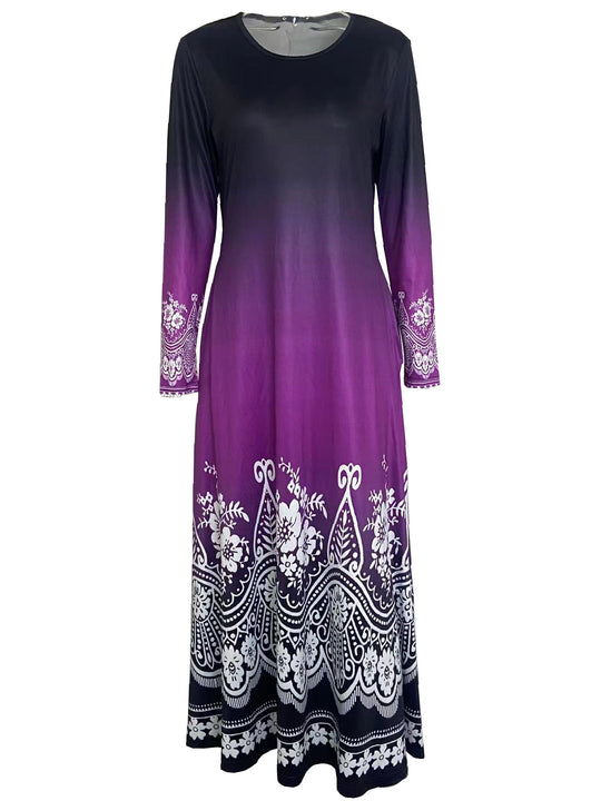 Damen Maxi-Kleid mit farbenfrohem Ombre-Design und floralen Verzierungen EB
