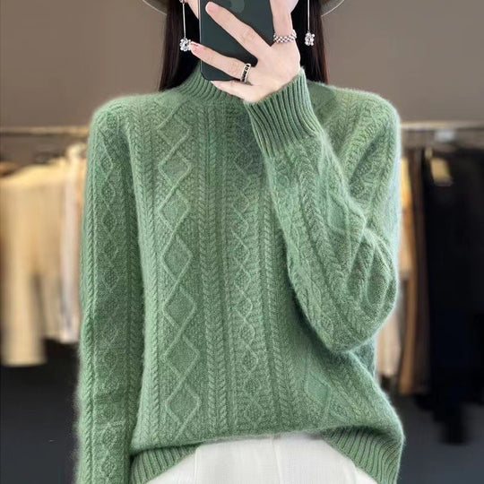 Damen Hochwertiger Strickpullover mit Stehkragen und Zopfdesign EB