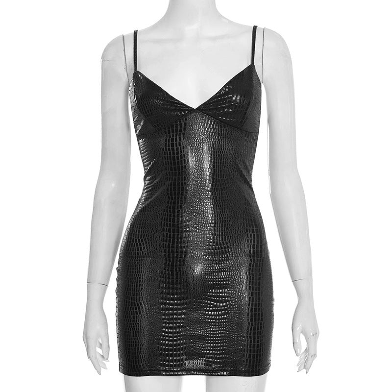 Damen Mini-Kleid mit glänzender Krokodil-Optik und Spaghetti-Trägern EB