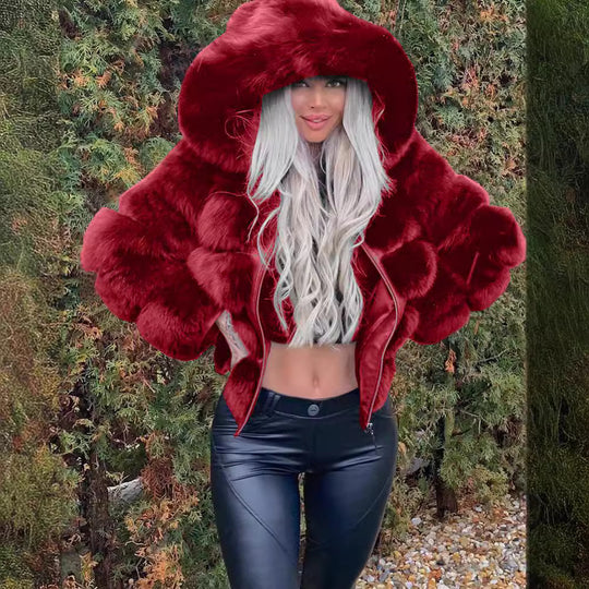 Damen Sportliche Kunstpelzjacke mit Kapuze EB