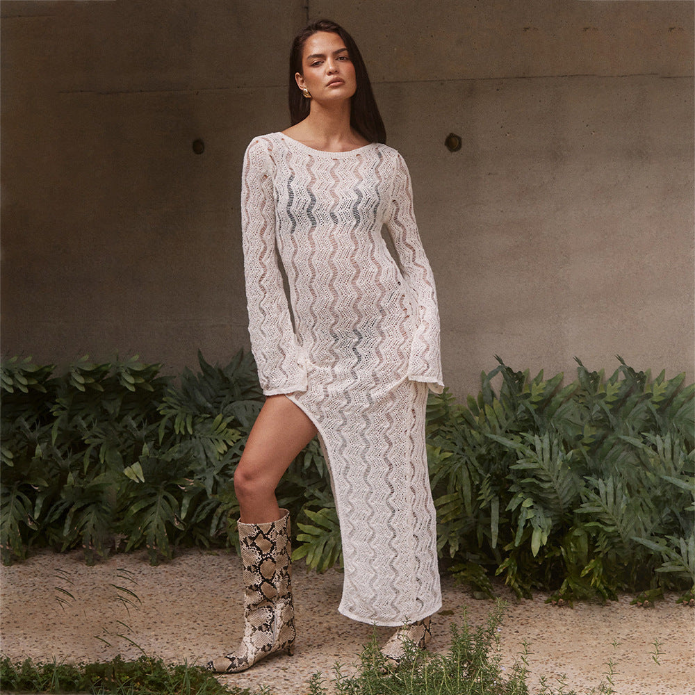 Damen elegantes gehäkeltes Strandkleid mit seitlichem Schlitz EB
