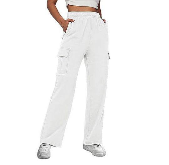 Damen nan lässige Cargo-Freizeithose mit weitem Bein elastischem Bund und aufgesetzten Taschen EB
