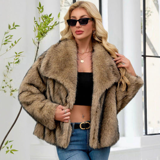Damen Voluminöser Kunstpelzmantel mit breitem Revers EB