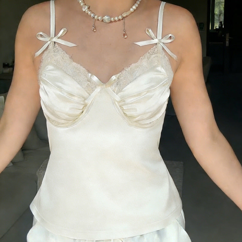 Damen Satin-Camisole mit Spitze und verspielten Schleifen EB