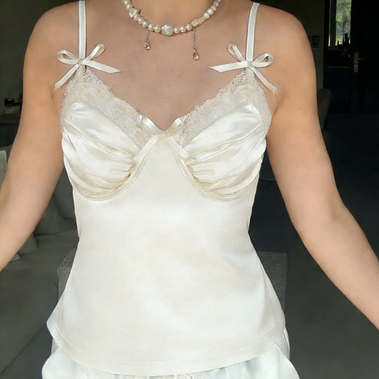 Damen Satin-Camisole mit Spitze und verspielten Schleifen EB