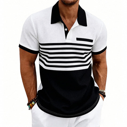Herren nan Jacquard-Polo mit Blockstreifen, Brustblende und Baumwollmix EB
