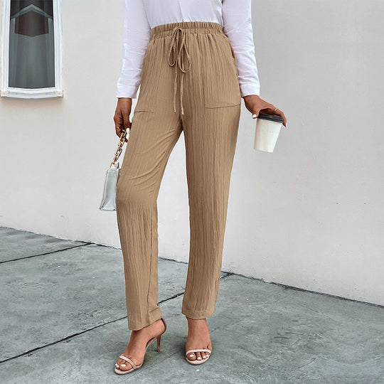 Damen lässige High-Waist-Hose mit elastischem Bund und praktischen Taschen EB