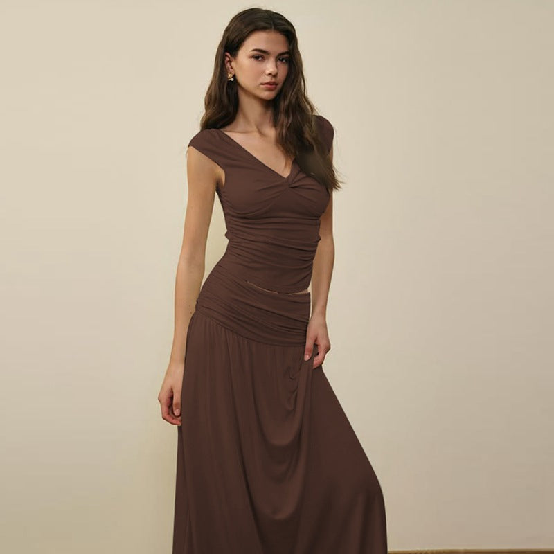 Damen Fließendes Maxikleid mit Raffungen und V-Ausschnitt EB