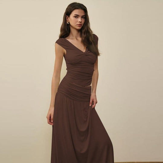 Damen Fließendes Maxikleid mit Raffungen und V-Ausschnitt EB