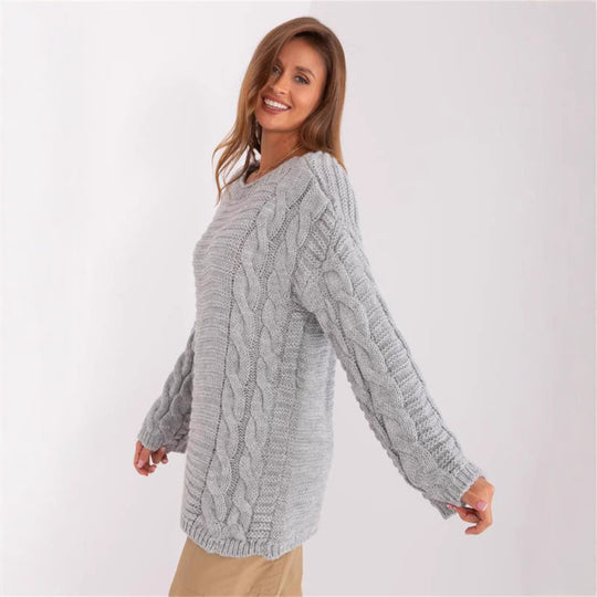 Damen Grobstrickpullover mit modernem Zopfmuster und weiten Ärmeln EB