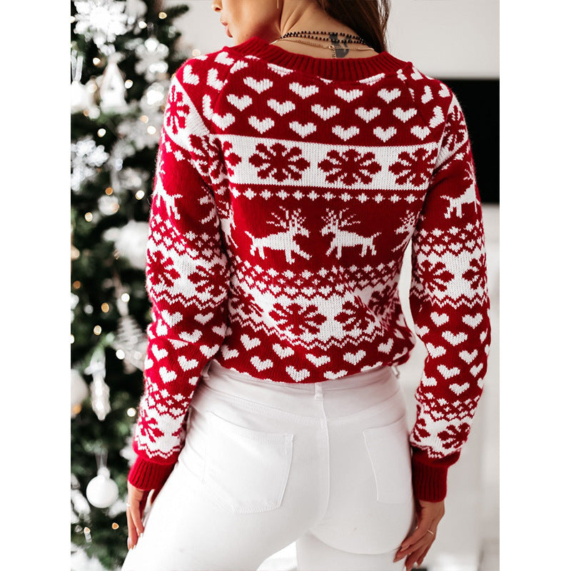 Damen Strickpullover mit weihnachtlichem Muster und Rundhalsausschnitt EB