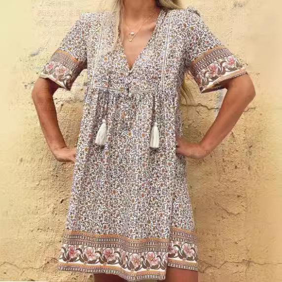 Damen Lässiges Boho-Kleid mit verspielten Quasten und floralen Mustern EB