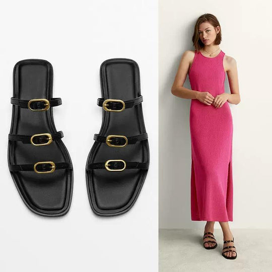 Damen Elegante Zehensteg-Sandalen mit modischem Riemendesign und goldenen Akzenten EB