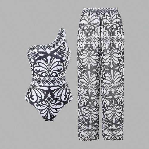 Damen Einteiler Badeanzug mit elegantem asymmetrischen Design und passender Hose EB