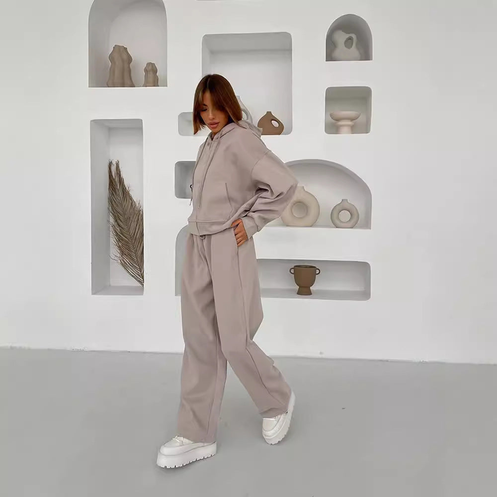 Damen Cropped Kapuzensweatshirt mit Kordelzug-Loungehose im Relax-Set EB