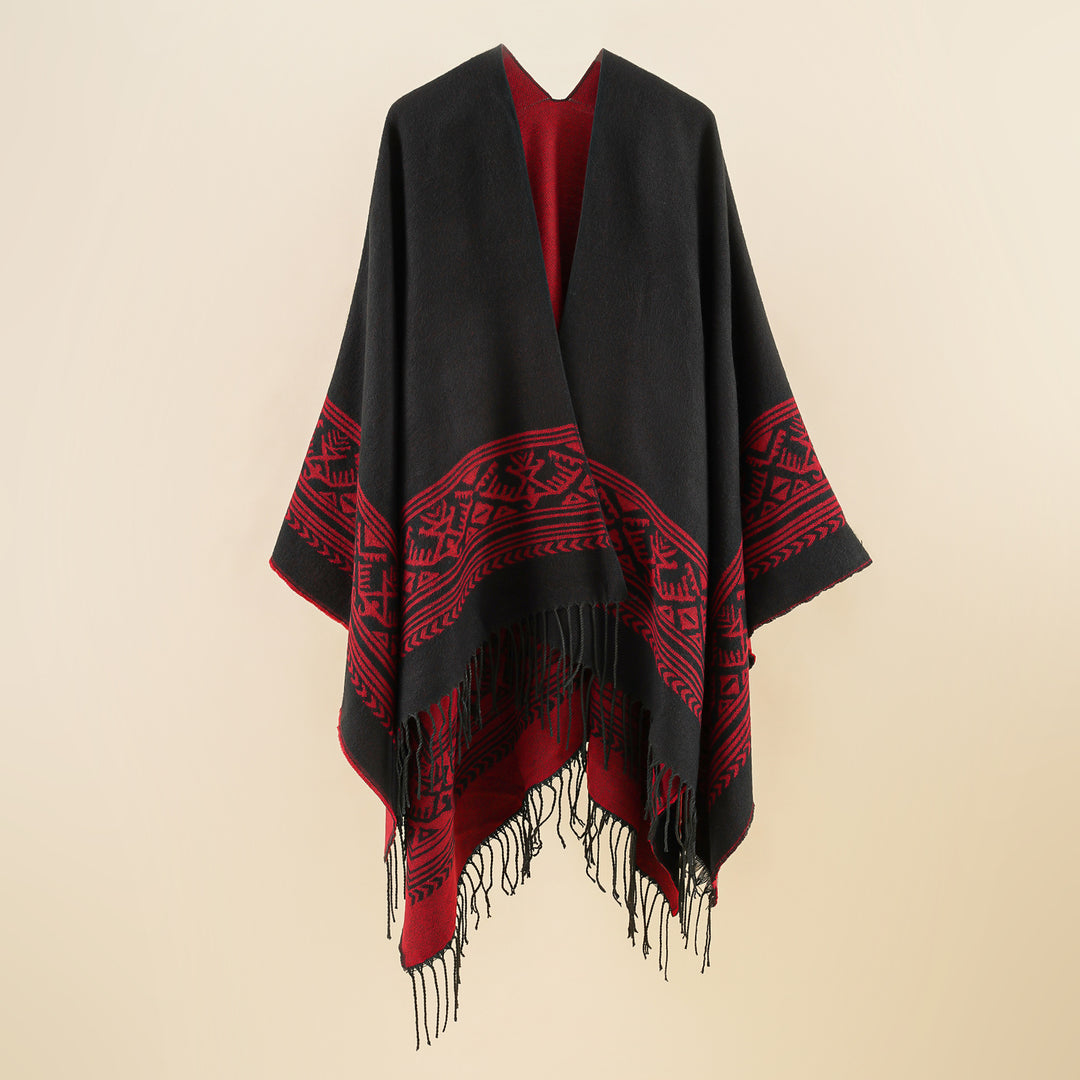 Damen Wolloptik-Überwurf im Kimono-Stil mit grafischem Bordürenjacquard und Fransensaum EB