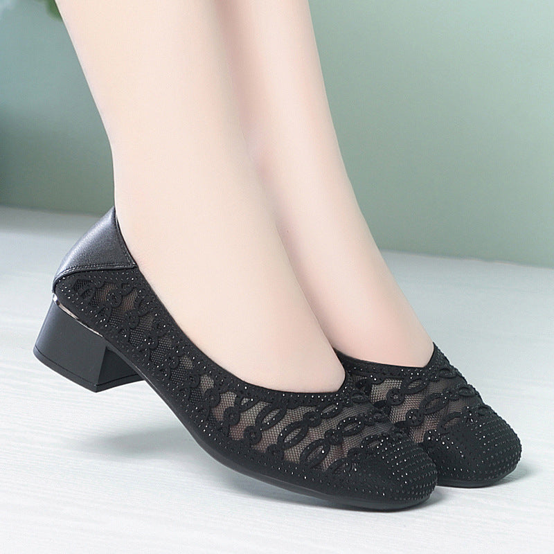 Damen Dekorative Ballerinas mit Strassverzierung und bequemen Blockabsatz EB