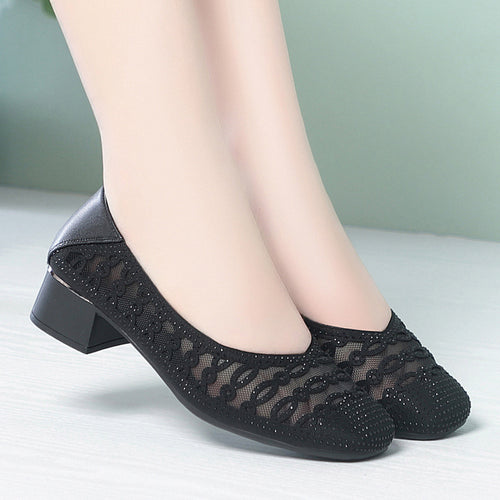 Damen Dekorative Ballerinas mit Strassverzierung und bequemen Blockabsatz EB