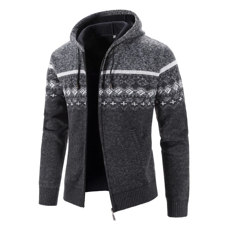 Herren Melierte Strickjacke mit Kapuze und Norweger-Muster EB