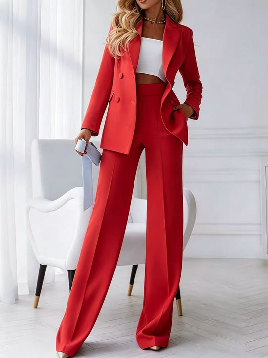 Damen Zweiteiliger Business-Hosenanzug mit tailliertem Zweireiherblazer und High-Waist Palazzo-Hose EB