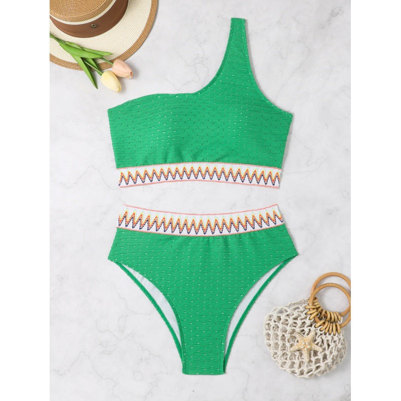 Damen Hochtailliertes Bikini-Set mit asymmetrischem Oberteil und dekorativem Muster EB