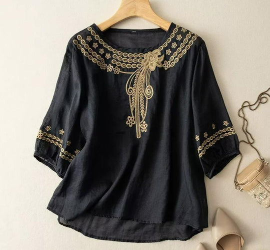 Damen Bestickte Leinenoptik-Bluse mit Rundhalsausschnitt und Dreiviertelärmeln EB