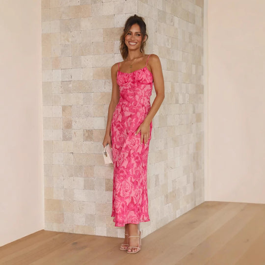 Damen Maxikleid mit floralem Wasserfarben-Design und verstellbaren Trägern EB