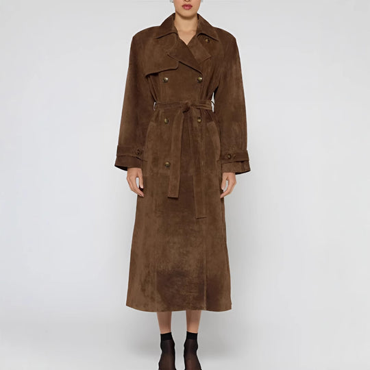 Damen Eleganter Knie-langer Trenchcoat aus Wildlederimitat EB