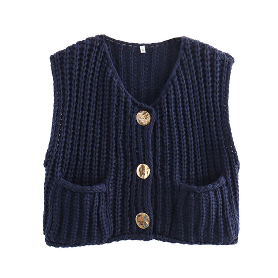 Damen Strickweste mit Taschen und Knopfdetail EB