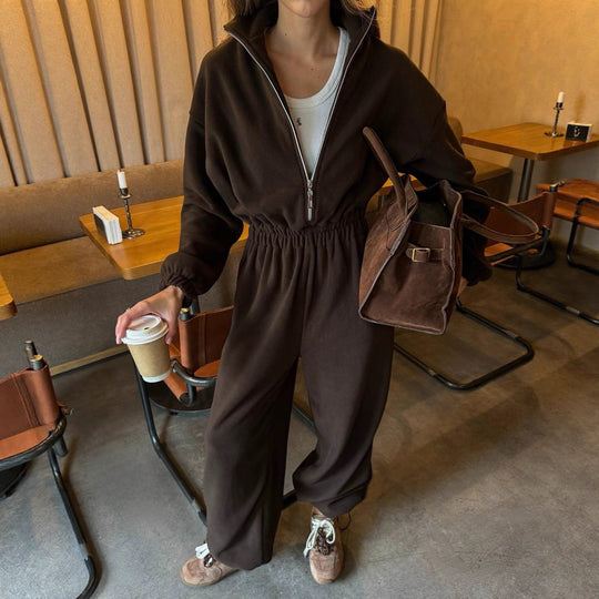Damen Lässiger Fleece-Hausanzug mit Zip-Kapuze und elastischem Taillenbund EB
