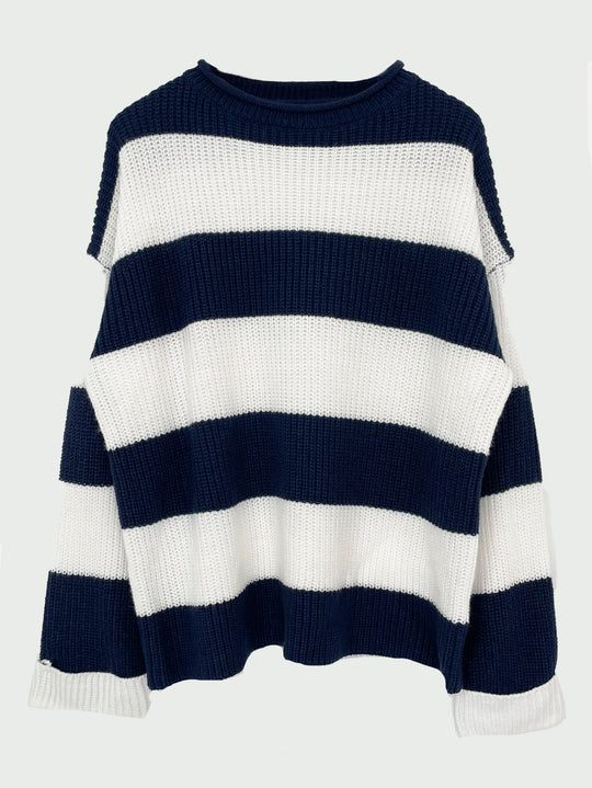 Damen lässiger Strickpullover mit breiten Streifen und lockerer Passform EB