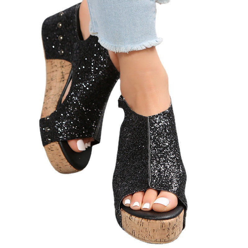 Damen Glamouröse Wedge-Sandaletten mit Glitzer und Korksohle EB