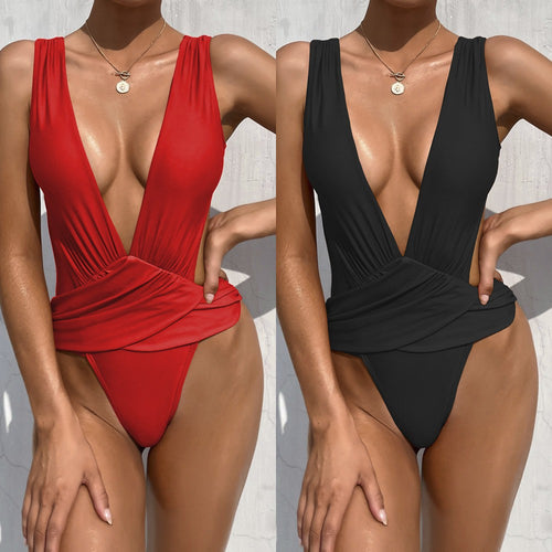 Damen Einteiler Badeanzug mit tiefem V-Ausschnitt und Wickeldetail EB