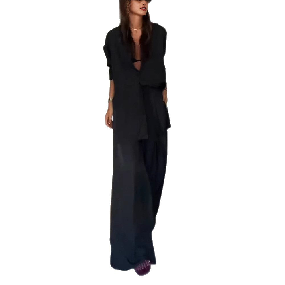 Damen Leinenweite Hose mit tailliertem Oberteil und KNopfdetails EB